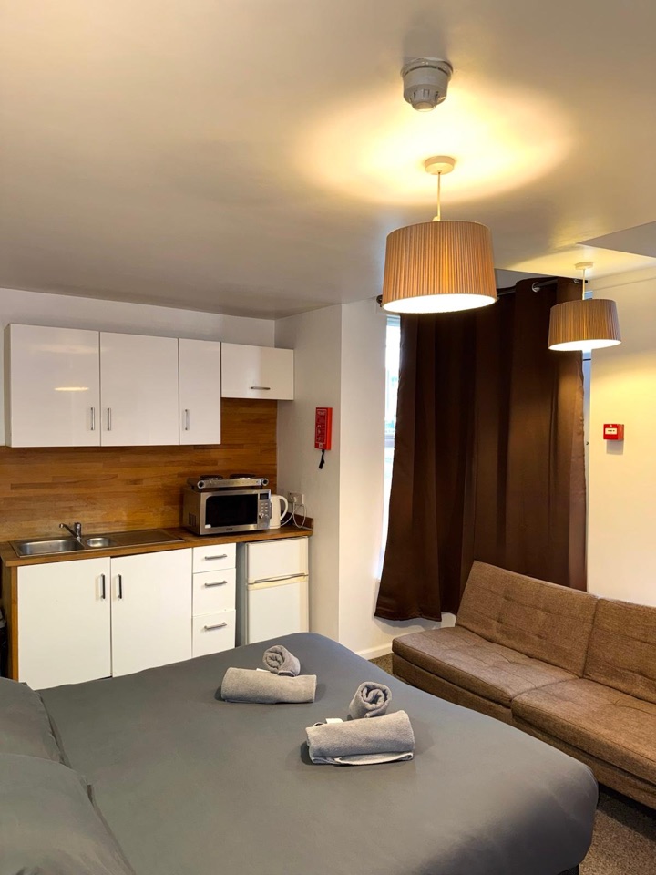 Studio room with a double bed, a sofa and a kitchenette with sink, microwave, hob and fridge